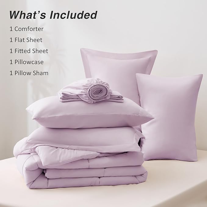 Love's cabin Twin XL Comforter Set Light Purple, 5 Pieces Twin XL Bed in a Bag, All Season Bedding Sets with 1 Comforter, 1 Flat Sheet, 1 Fitted Sheet, 1 Pillowcase and 1 Pillow Sham | Soft, Breathable, Lightweight, Comfortable