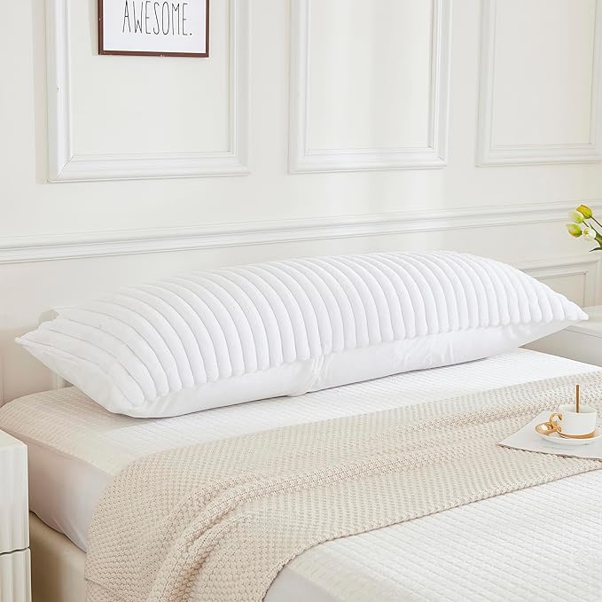 JAUXIO Faux Fur Fluffy Body Pillow Cover Luxury Textured Vertical Stripe Plush Decorative Body Pillowcase, Ultra Soft and Cozy Zipper Closure 21 x 54 Inches, White