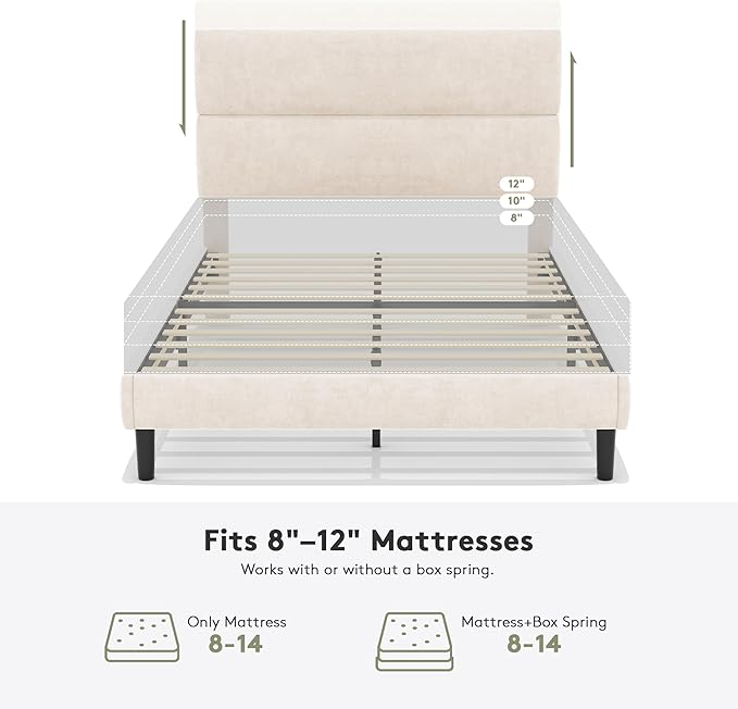 GRUSIGN Full Size Platform Bed Frame with Velvet Headboard, Adjustable Height Wooden Slats Support, Upholstered Mattress Foundation, Fits Mattress or Mattress with Box Spring, Easy Assembly, Beige