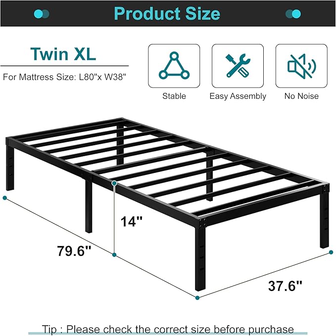 Maenizi Twin XL Bed Frames No Box Spring Needed, 14 Inch Heavy Duty Metal Twin XL Platform Bed Frame Support Up to 2500 lbs, Easy Assembly, Noise Free, Black