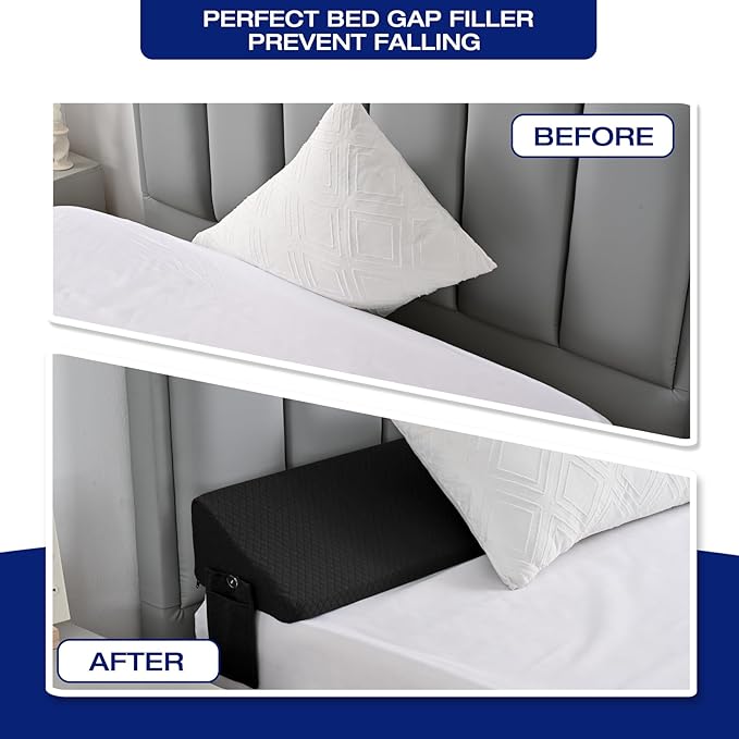 King Size Bed Wedge Pillow Gap Filler/Headboard, Long Triangle Edge Corner Pillows for Bed Gap Filler King Couch Apartment Home Essentials 10x6x76in, Dense Foam, Pockets, Prevents Things Drops Black