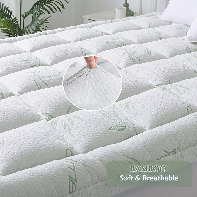 WhatsBedding Twin Mattress Topper, Soft Pillow Top Mattress Topper with Deep Pocket Fits 8–21 Inch,7D Spiral Fiber Filling, Bamboo Viscose Air Layer Mattress Topper Twin.