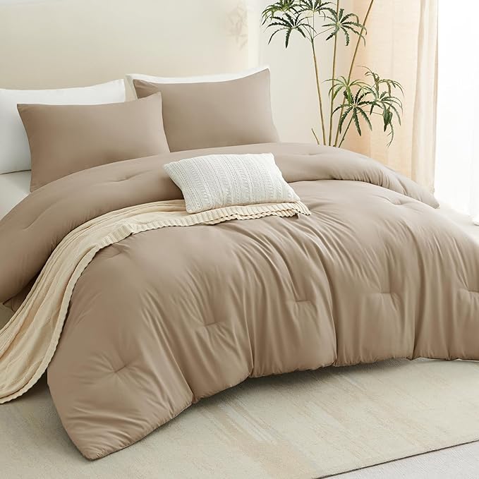 CozyLux Full Size Comforter Set Taupe, 3 Pieces Solid Breathable Quilted Bedding Sets, Luxury Lightweight Soft Bed Set with Down Alternative Comforter and 2 Pillowcases for All Seasons