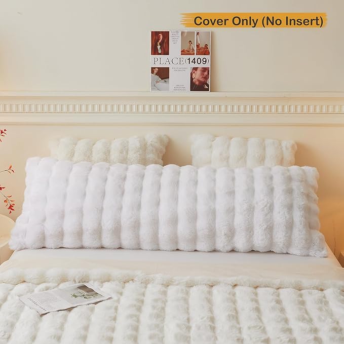 LIFEREVO Fluffy Faux Rabbit Fur Body Pillow Cover, Luxury Bubble Waffle Shaggy Plush Bed Body Pillowcase with Zipper Closure, Long 20"x54" Fuzzy Furry Pillow Case for Adults Kids Girls Teens, White