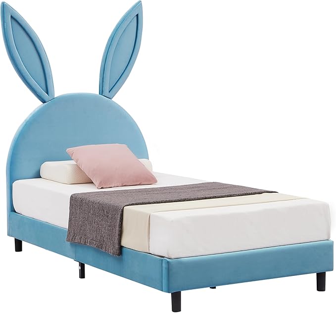 VECELO Twin Size Bed Frame with Storage Organizer, Heavy-Duty Platform with Rabbit Shaped Headboard for Girls Kids Room, Easy Assembly, Blue