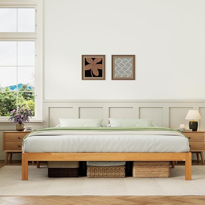 Novilla 12 Inch King Bed Frame, Classic Solid Wooden King Size Platform Bed Frame, Sturdy Wood Slat Support, No Box Spring Needed, Easy Assembly, Natural Grain Wood