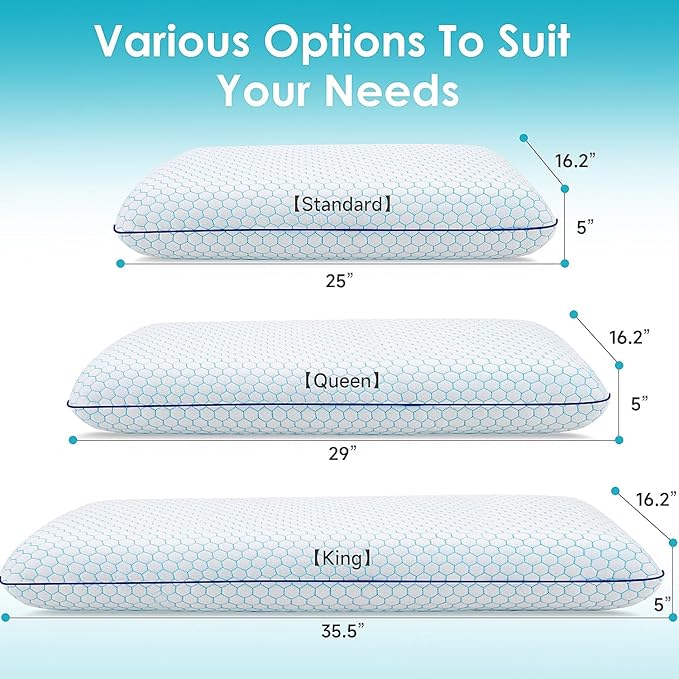 CushyOasis Memory Foam Pillows for Side, Set of 2, Back and Stomach Sleepers, Bed Pillow with Breathable Mesh and Washable Cover, Bed Pillow for Sleeping (Blue, Queen Size)