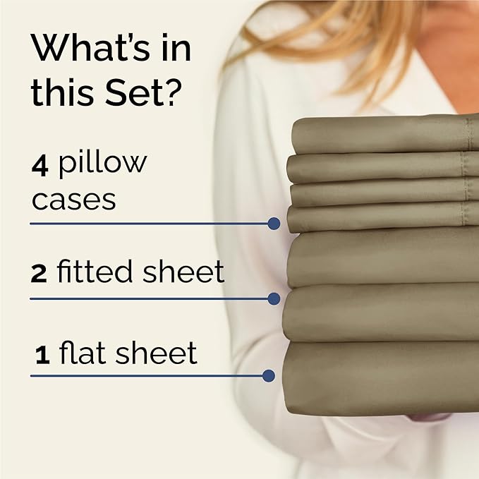 Split King 7 Piece Sheet Set - Comfy Breathable & Cooling - Hotel Luxury Bedding for Women, Men, Kids, Teens & Children - 1 Flat & 2 Fitted Sheets & 4 Pillowcases w/ Deep Pockets, Wrinkle Free - Khaki