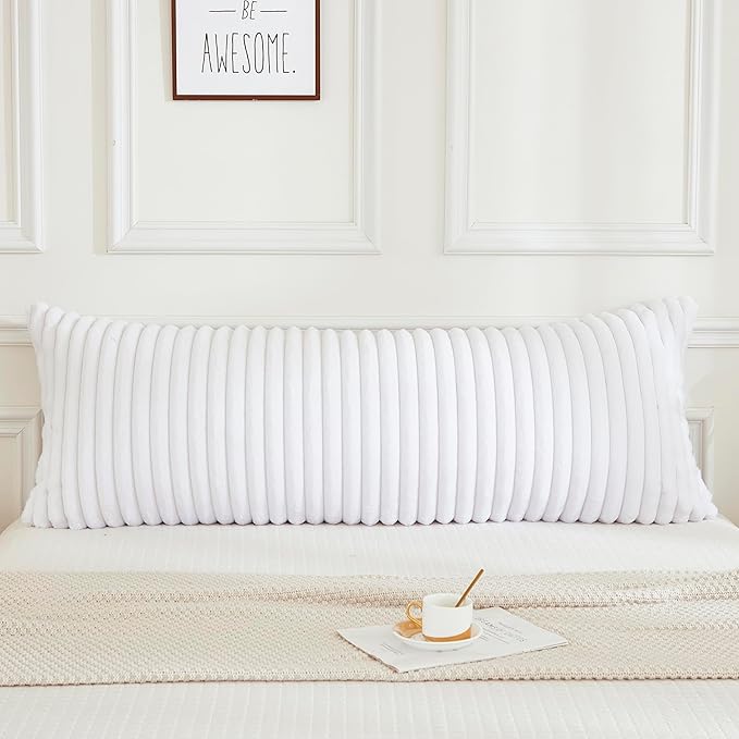 JAUXIO Faux Fur Fluffy Body Pillow Cover Luxury Textured Vertical Stripe Plush Decorative Body Pillowcase, Ultra Soft and Cozy Zipper Closure 21 x 54 Inches, White