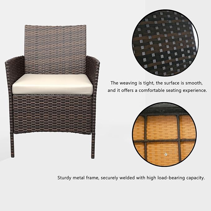 GarveeHome 3-Piece Patio Bistro Set, PE Rattan Outdoor Conversation Furniture with 2 Cushioned Chairs & Coffee Table, Weather-Resistant for Backyard, Balcony, Porch (Beige Cushion)