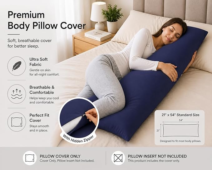 EVOLIVE Ultra Soft Body Pillow Cover 21"x54", Cozy Microfiber Pillowcase with Hidden Zipper, Breathable, Perfect for Pregnancy & Side Sleepers, Cover Only (21"x54" Body Pillow Cover, Navy)