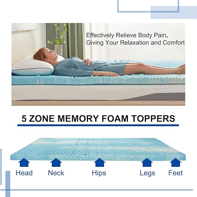 SINWEEK 3 Inch Mattress Topper 5-Zone Memory Foam Mattress Topper Pressure Relieve Soft Mattress Pad, CertiPUR-US Certified, Twin Size Blue