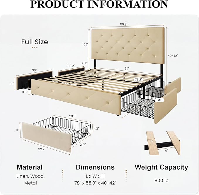 SHA CERLIN Upholstered Full Size Platform Bed Frame with 4 Storage Drawers, Adjustable Headboard with Diamond Stitched Button Tufted Design, Wooden Slat Support, No Box Spring Needed, Beige