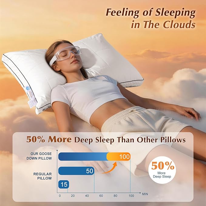 3 in 1 Adjustable Goose Down Pillows Queen Size Set of 1, Cooling Cover Bed Pillows, Fluffy Soft Feather Down Pillow for Back, Stomach or Side Sleepers, 20" x 30"