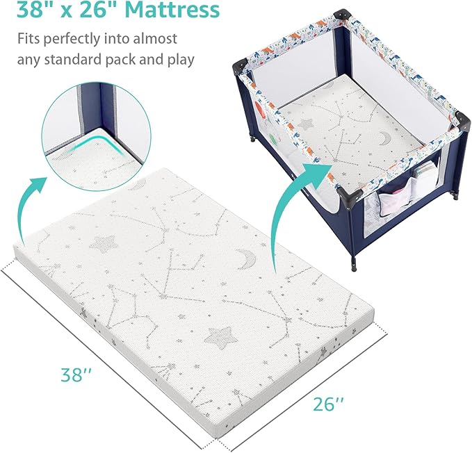 YENING Organic Cotton Pack and Play Mattress Pad Breathable 38x26 Waterproof Baby Mattress for Pack N Play Matress Topper Waterproof