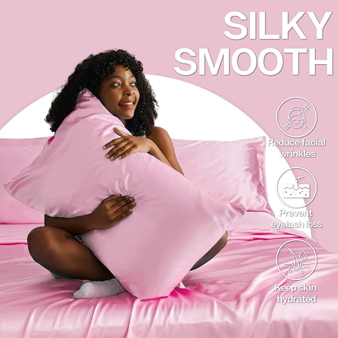 MR&HM Satin Pillowcase for Hair and Skin, Silk Satin Pillowcase 2 Pack, King Size Pillow Cases Set of 2, Silky Pillow Cover with Envelope Closure (20x40, Pink)