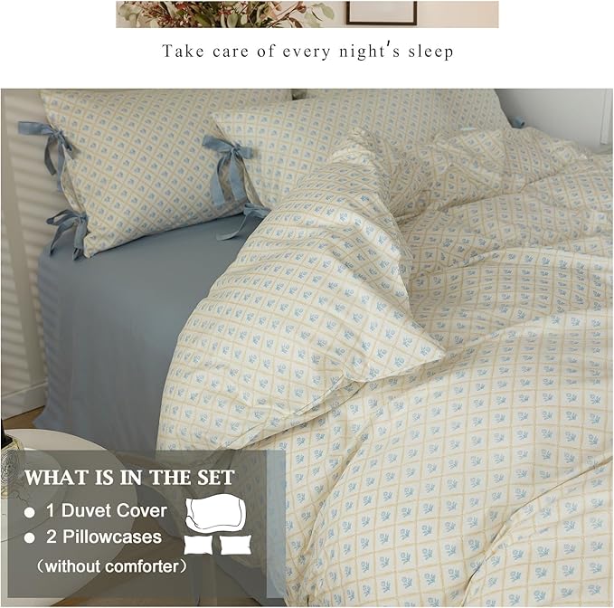 VM VOUGEMARKET White Blue Duvet Cover Twin Garden Style Blue Flower Duvet Cover 100% Cotton Grid Comforter Cover with 2 Bow Ties Pillowcases Botanical Cottagecore Bedding Sets