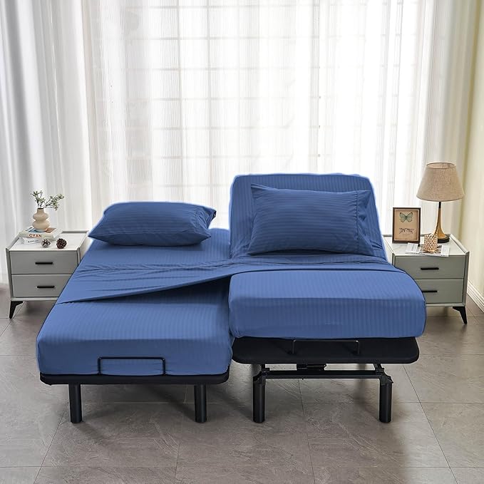 Kingnex Striped Split California King Sheets Sets for Adjustable Bed with Deep Pocket 5 Pieces Include 2 Cali Twin XL Fitted Sheets 1 Flat Sheet 2 King Size Pillowcases Navy