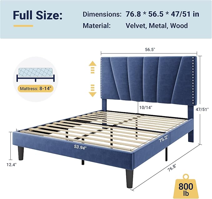 Allewie Full Size Bed Frame with Adjustable Velvet Upholstered Headboard, Rivet-Style Nailhead Trim Detail Platform Bed Frame, Wooden Slat Support, No Box Spring Needed, Easy Assembly, Blue