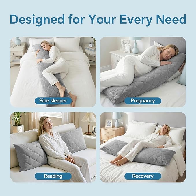 BEDELITE Cooling Body Pillow for Adults, Creative Ultra Soft Cool-Touch Quilted Nylon-Spandex Body Pillow Cover, Adjustable Memory Foam Long Pillow for Side Sleepers, Pregnancy & Back Pain(Light Grey)
