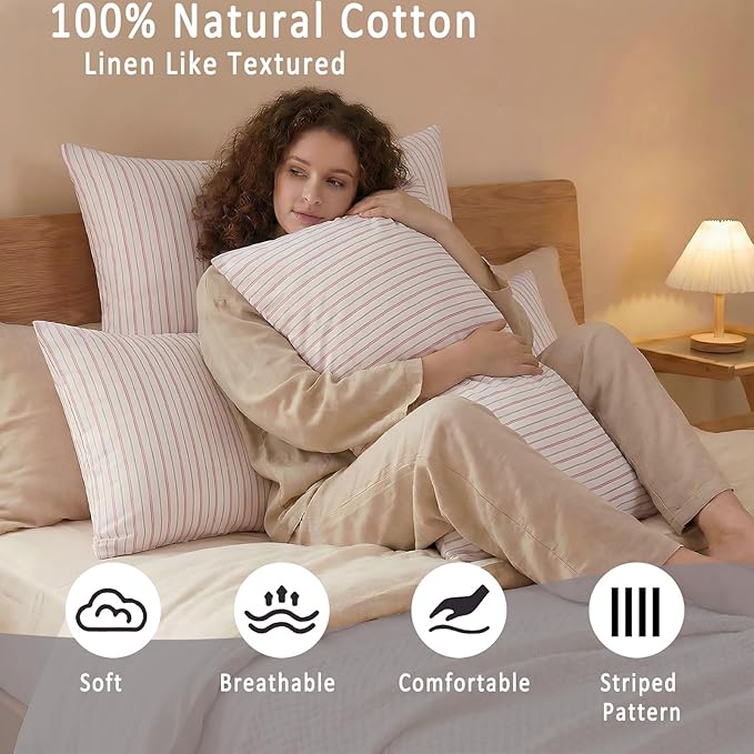Merryword Queen Size Pillowcases, 100% Cotton Pillow Cases, White & Pink Striped Pillowcases, Luxury Linen Like Pillowcase, Soft Breathable Ticker Stripe Pillow Covers, Set of 2