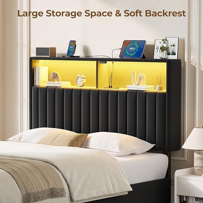 Rolanstar Headboard for Twin Size Bed with Storage, Head Board with USB & Type C Port, 60,000 DIY Color of LED Light, Velvet Upholstered, Height Adjustable, Sturdy, Easy Assembly, Black