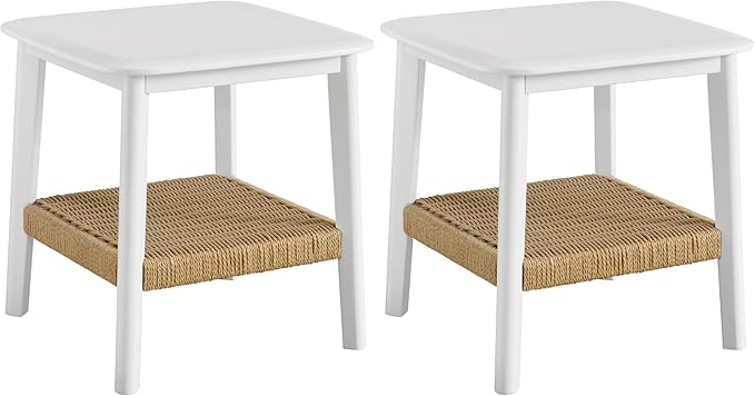 Alaterre Furniture Calais 2-Tier Small End Table with Woven Storage Shelf – Set of 2 Mid Century Modern Wooden Nightstand or Side Table for Small Spaces, Living Room & Bedroom (White)