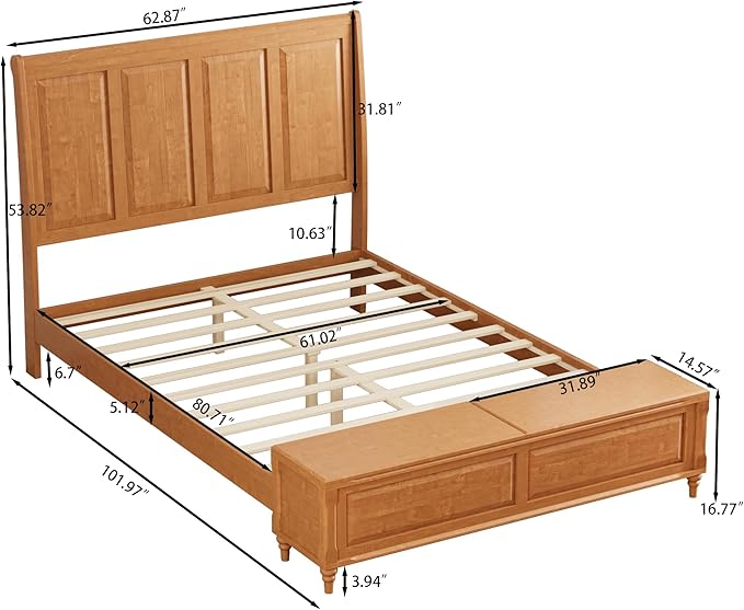 KEIKI Queen Size Platform Bed Frame with Storage Chest, Wooden Sleigh Bed with High Headboard and Footboard Storage Bench, Solid Wood Construction, No Box Spring Needed, Natural