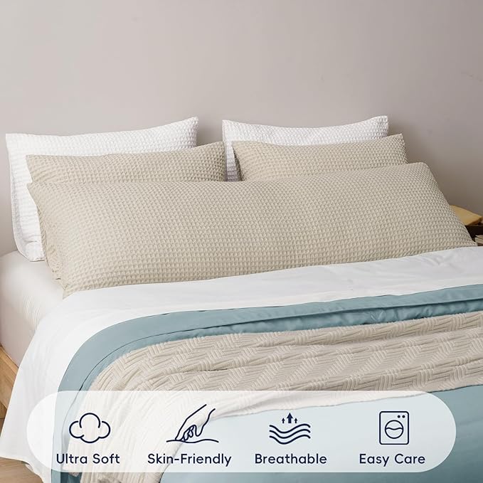 PHF Ultra Soft Waffle Weave Body Pillowcase with Zipper, No Insert, 1Pack 20" x 54" Pillow Sham, Breathable & Skin-Friendly Body Pillow case, Stylish Decorative Bed Pillow Cover, Light Taupe/Linen