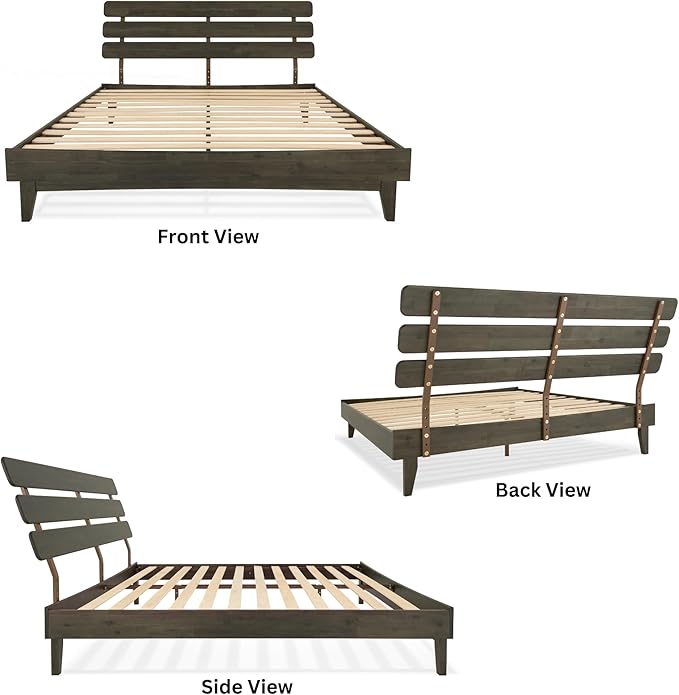 Bme Caden King Size Bed Frame and Adjustable Headboard, 15 Inch Mid Century Retro Style - Solid Acacia Wood - No Box Spring Needed - 12 Strong Wood Slat Support - Easy Assembly - Charcoal Mocha