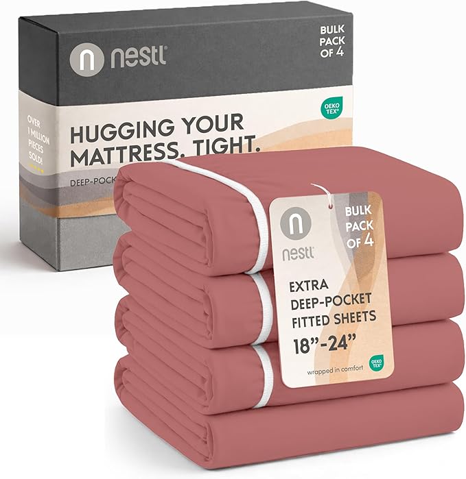 Nestl 4 Pack Pink Clay Fitted Sheet Extra Deep Pocket, Hotel Luxury TwinFitted Sheet Only Easily Fits 18 to 24 Inch Mattress, Super Soft, Wrinkle-Free and Breathable with Corner Straps