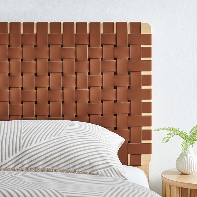 Modway Sparta Vegan Leather Weave Twin Headboard in Natural Brown Faux Leather Twin Headboard Only, Height Adjustable Headboard, Freestanding Headboard for Children's Bedroom or College Dorm