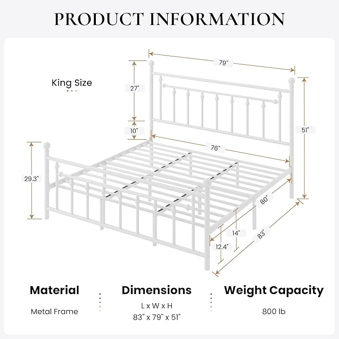 SHA CERLIN 14" King Size Metal Platform Bed Frame/Victorian Headboard and Footboard/Steel Slats Mattress Foundation for Storage/No Box Spring Needed/Noise Free/White