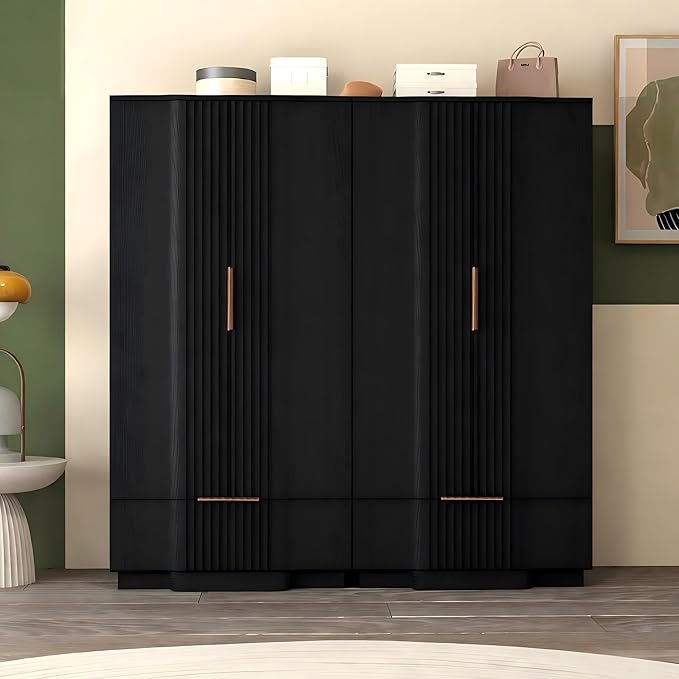 Brafab 67" Fluted Armoire Wardrobe Closet with Drawers and Doors, Wooden Wardrobe Cabinet with Adjustable Shelves, Modern Storage for Clothes, Coats for Bedroom,Black (1 pcs)