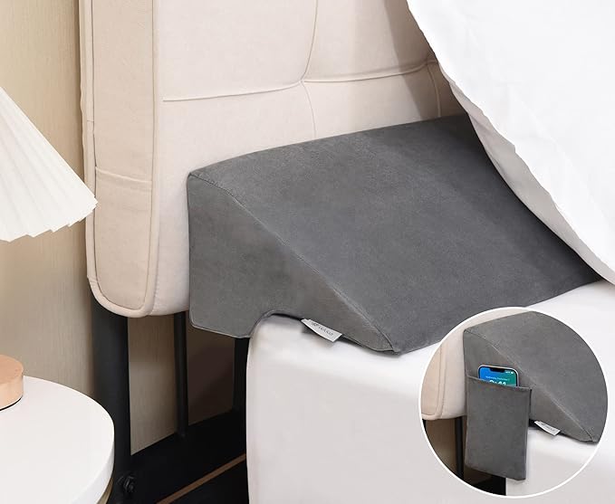 Vekkia Queen Bed Wedge Pillow for Headboard Gap Filler(0-5"),High-Density Foam,Prevents Pillows & Items from Falling,Ergonomic Design,Large Storage Pockets, Removable&Washable Cover,Gray,60''x10''x6''