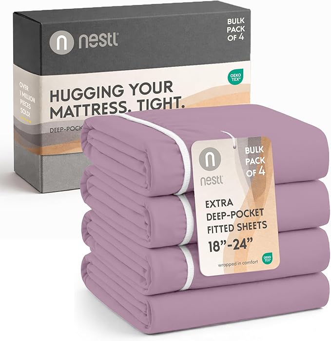 Nestl 4 Pack Grayish Purple Fitted Sheet Extra Deep Pocket, Hotel Luxury FullFitted Sheet Only Easily Fits 18 to 24 Inch Mattress, Super Soft, Wrinkle-Free and Breathable with Corner Straps