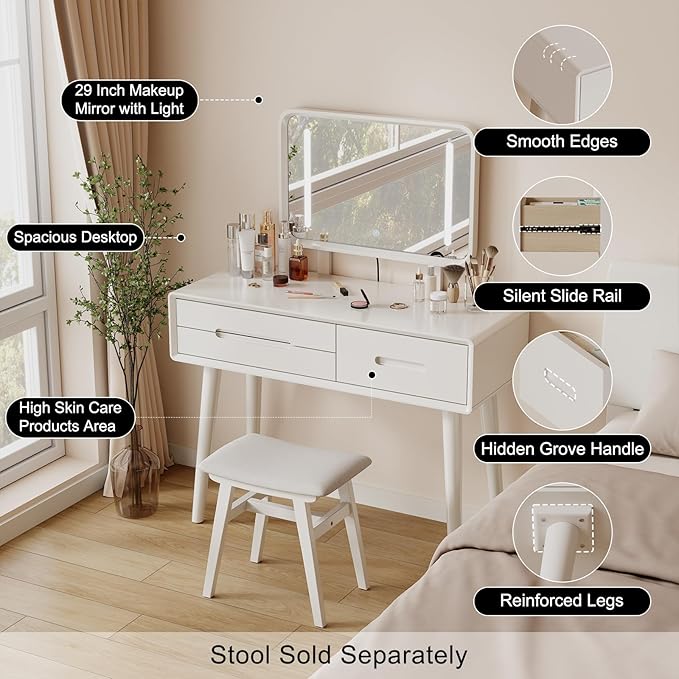 Solid Wood Vanity with Mirror and Lights, Adjustable Brightness, Wood Makeup Vanity with 3 Drawers, Semi-Assembled, Vanity Desk for Bedroom (White)