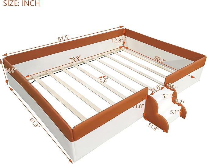 Merax Queen Size Upholstered Kids Daybed Frame with Fence and Stairs, Wood Bed for Living Room, Floor Bed, White+Brown