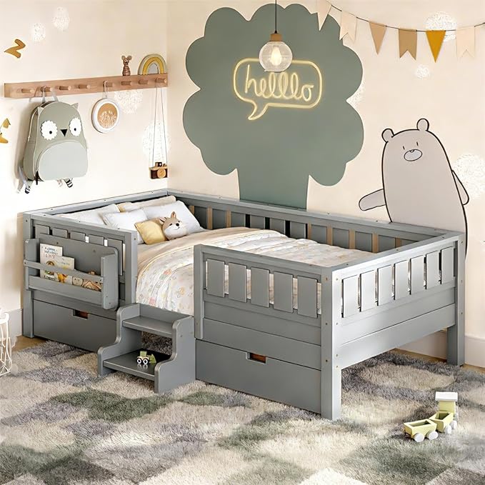 Bellemave Twin Bed with Storage Drawers & Bookshelf, Low Profile Kids Bed Frame with Staircase & Full Length Guardrails, Solid Wood Twin Bed for Kids with Slats Load 300LBS, Easy Assembly, Grey