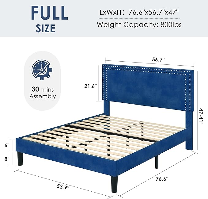 VECELO Full Size Platform Bed Frame with Height Adjustable Upholstered Headboard, Modern Mattress Foundation,Strong Wood Slat Support, No Box Spring Needed, Easy Assembly,Dark Blue