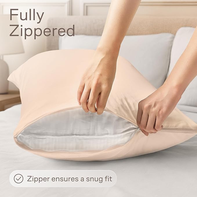 Ultra Soft Pillow Protectors with Zipper King Size - Set of 4 Breathable Pillow Covers - 100% Protection Against Stains, Dust & Dirt - Machine Washable (Beige)