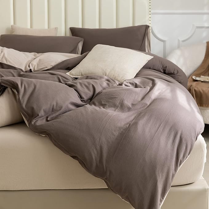 PURE ERA Jersey Knit Duvet Cover Set 100% T-Shirt Cotton Super Soft Comfy 3pc Bedding Set with Zipper Closure (Solid Brown/Dark Beige, King)