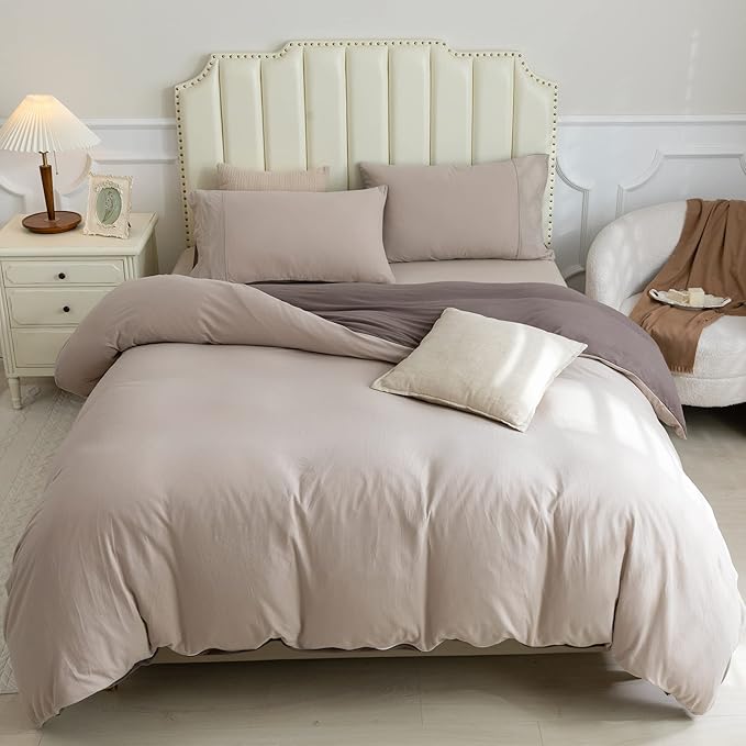PURE ERA Jersey Knit Duvet Cover Set 100% T-Shirt Cotton Super Soft Comfy 3pc Bedding Set with Zipper Closure (Solid Brown/Dark Beige, King)