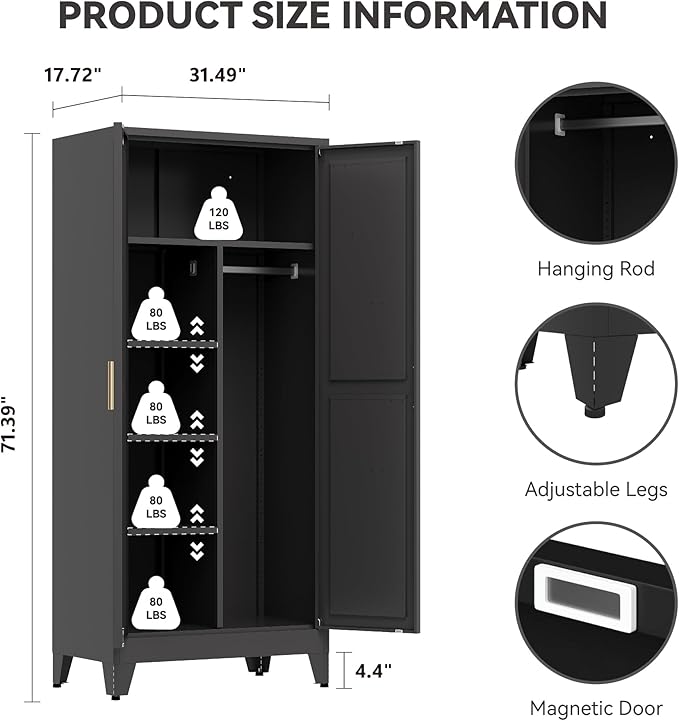 Baborokic Metal Wardrobe Cabinet with Hanging Rod,Large 71" Armoire Wardrobe Closet with Adjustable Shelves and Doors,Farmhouse Metal Office Cabinets for Bedroom,Office,Employee(Black)