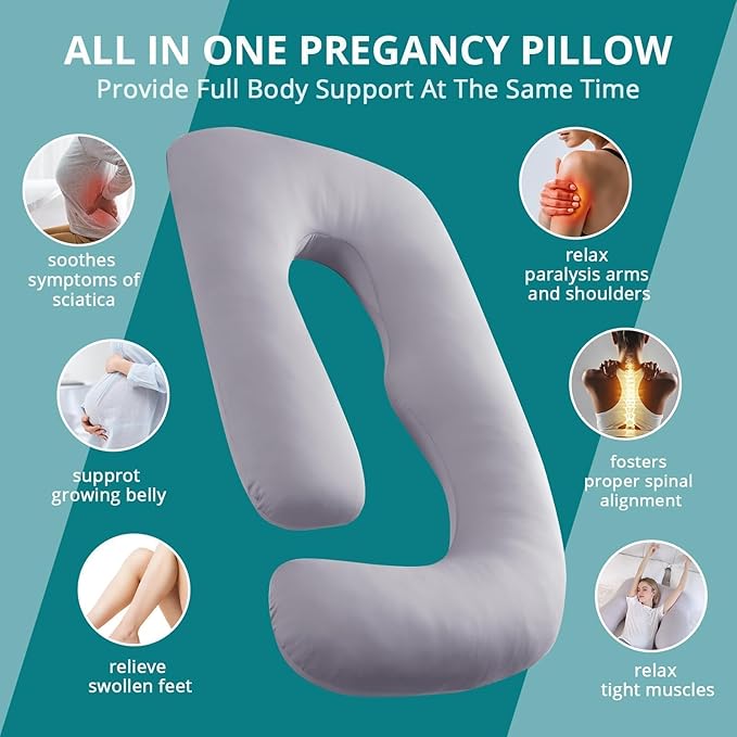 Sasttie Cooling Pregnancy Pillows for Sleeping, U Shaped Full Body Pillow with Removable Cover, Pregnant Women Must Haves, Maternity Essential, Light Grey