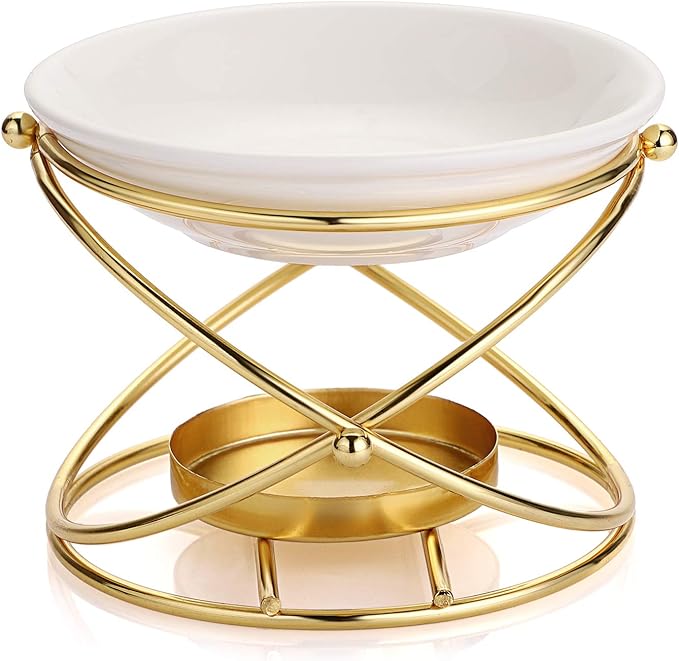 JuxYes European Metal Oil Burner Wax Warmer, Delicate Romantic Ceramic Tealight Candle Holder Oil Burner, Fragrance Warmer Aromatherapy Wax Candle Tart Burner Warmer Diffuser for Home Bedroom Décor