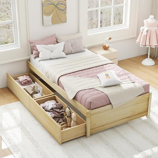 Giantex Twin Size Platform Bed Frame with 2 Storage Drawers, Solid Wood Bedframe Daybed, Wooden Slats Support Mattress Foundation, No Box Spring Needed, Twin Bed Frames for Kids Teens Adults