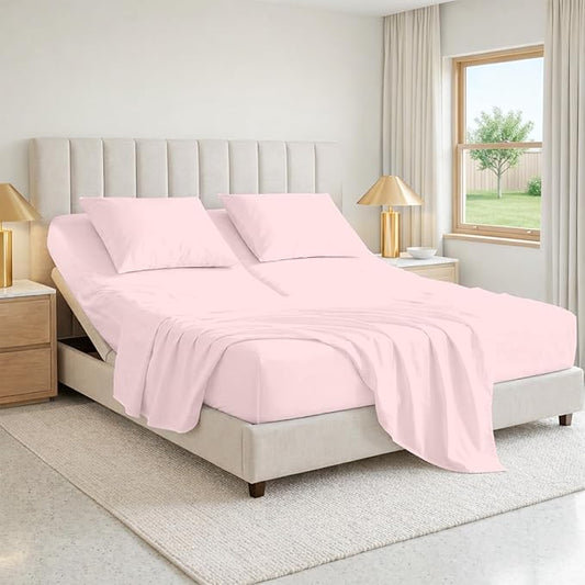 SGI bedding 32" Queen Split Top Flex Head Sheet 100% Egyptian Cotton 1000 Thread Count Flex Top Sheet for Adjustable Bed 4Pc Sheet Set 15" Deep Pocket for Sleep Number Bed - Blush