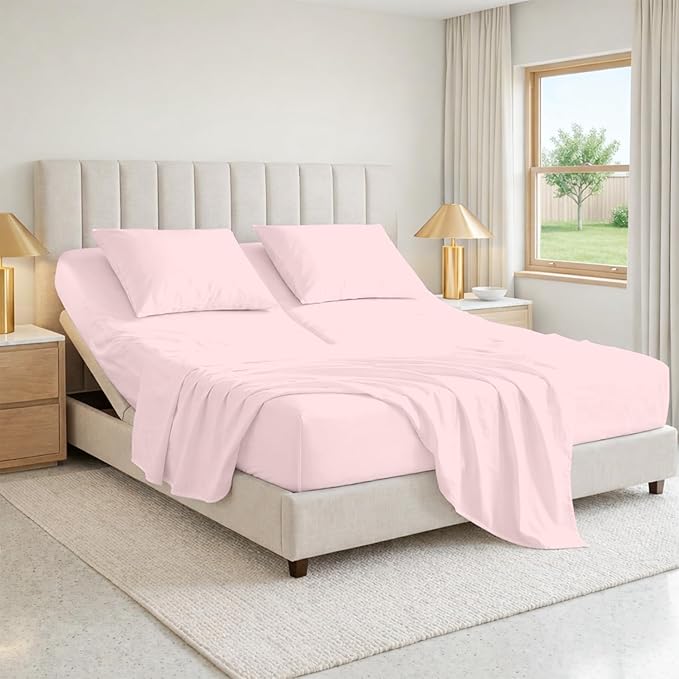 SGI bedding 36" Queen Split Top Flex Head Sheet 100% Egyptian Cotton 1000 Thread Count Flex Top Sheet for Adjustable Bed 4Pc Sheet Set 15" Deep Pocket for Sleep Number Bed - Blush