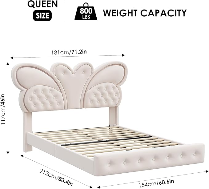Keyluv Queen Bed Frame Butterfly-Pattern Upholstered Headboard, Modern Floating Bed with LED Lights Button Tufted on Headboard and Footboard, Slats Support No Box Spring Needed, Noise-Free, Beige
